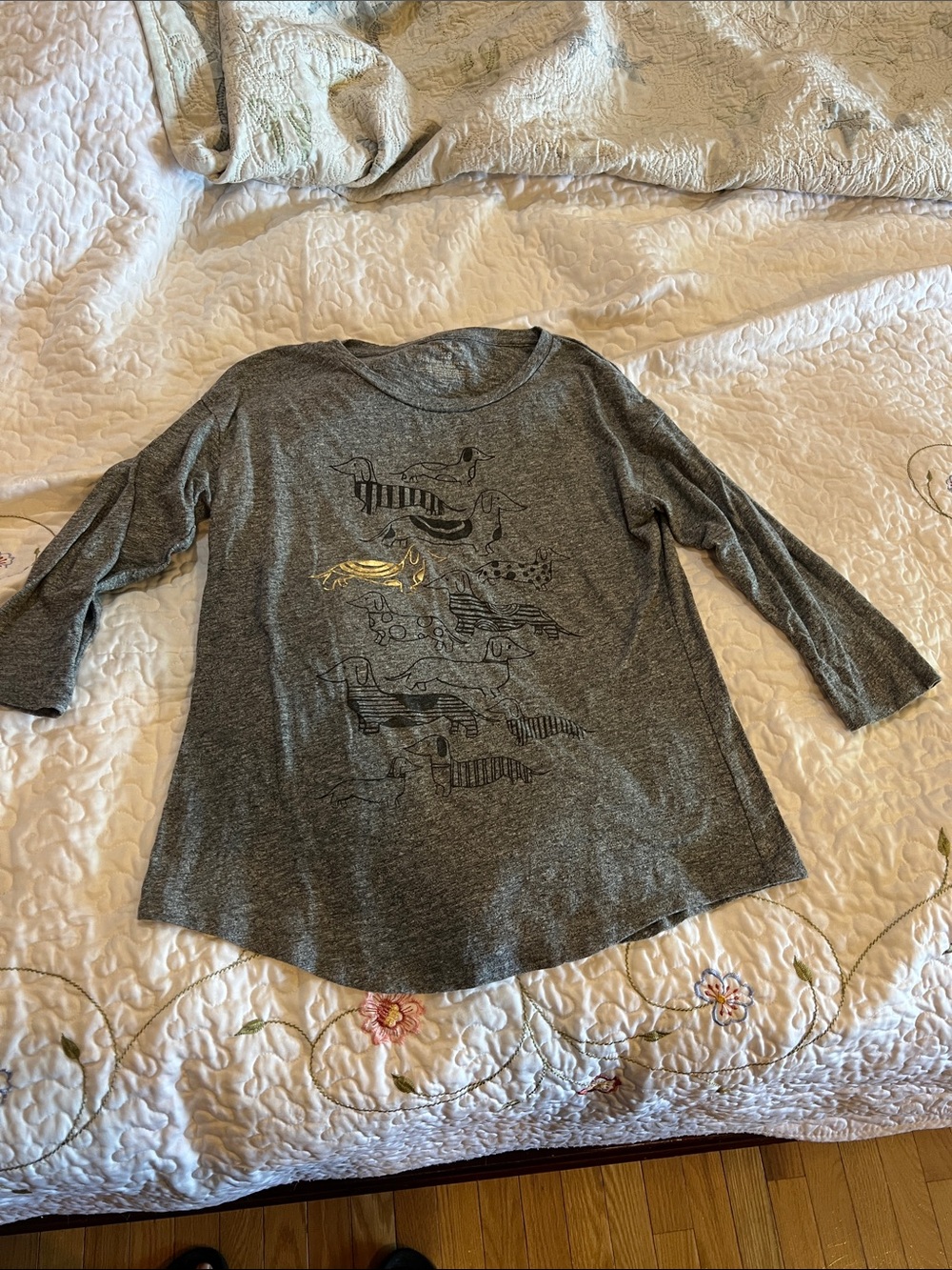 Sonoma Gray three quarter  Sleeve Tee with Metallic Gold Graphic dachshund prin